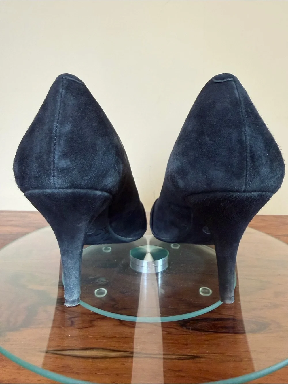 Michael Kors Caroline Black Suede Gold MK Logo Medallion Pointed Toe Pumps 9.5